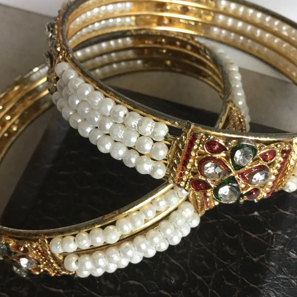 Gold Pearl and Crystal Women's Bangle Set